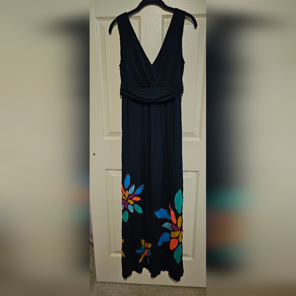 Boden Navy Blue w/ Applique Flowers Maxi Dress sz 10 L